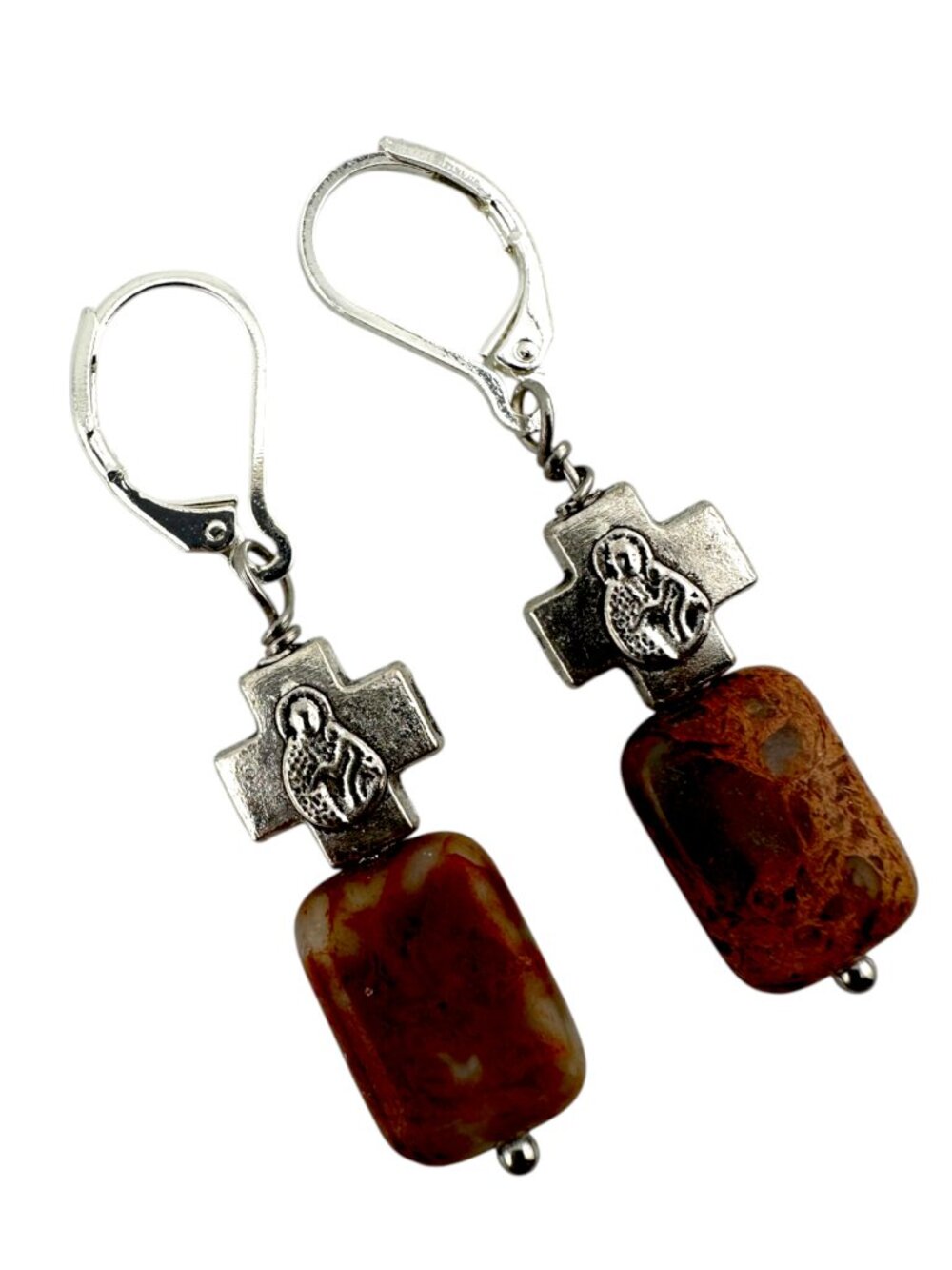 Blue Opal Jasper Cross Earrings Mother Child Silver Filled Leverbacks - Picture 12 of 12